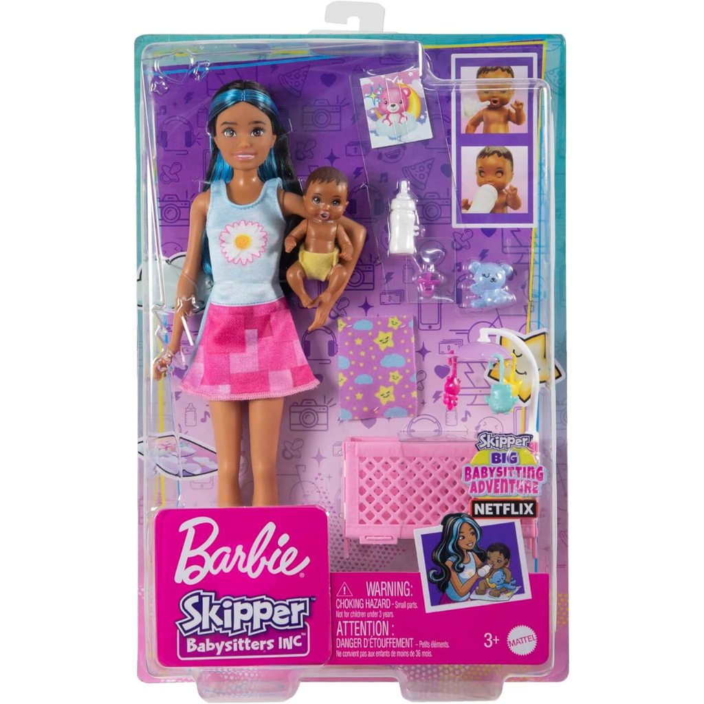 BARBIE: SKIPPER NIÑERA MUÑECA Y SET DE JUEGO DE PELO NEGRO Y AZUL