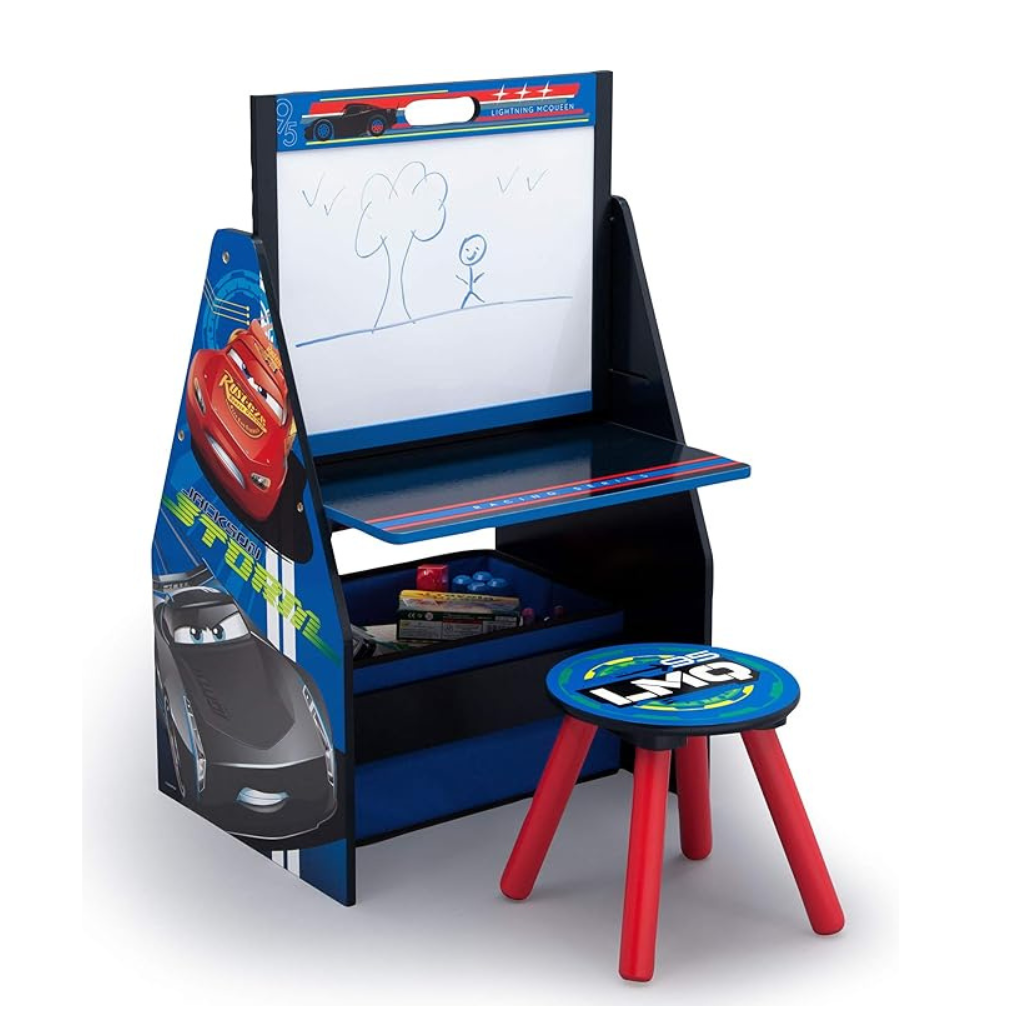DELTA CHILDREN CABALLETE ESCRITORIO, TABURETE Y ORGANIZADOR DE JUGUETES, COCHES DISNEY/PIXAR