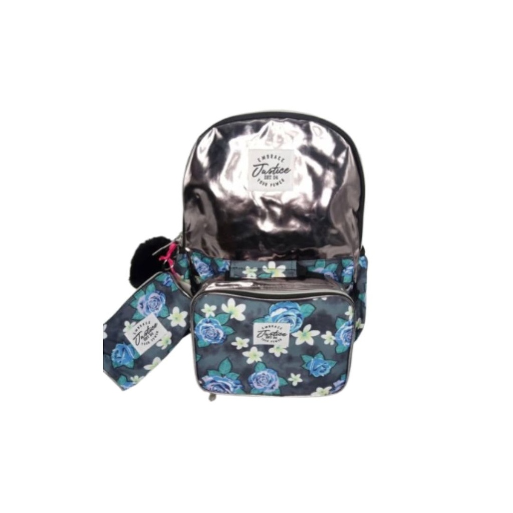 BOLSO PLATEADO CON FLORES SET 3 PIEZAS JUSTICE