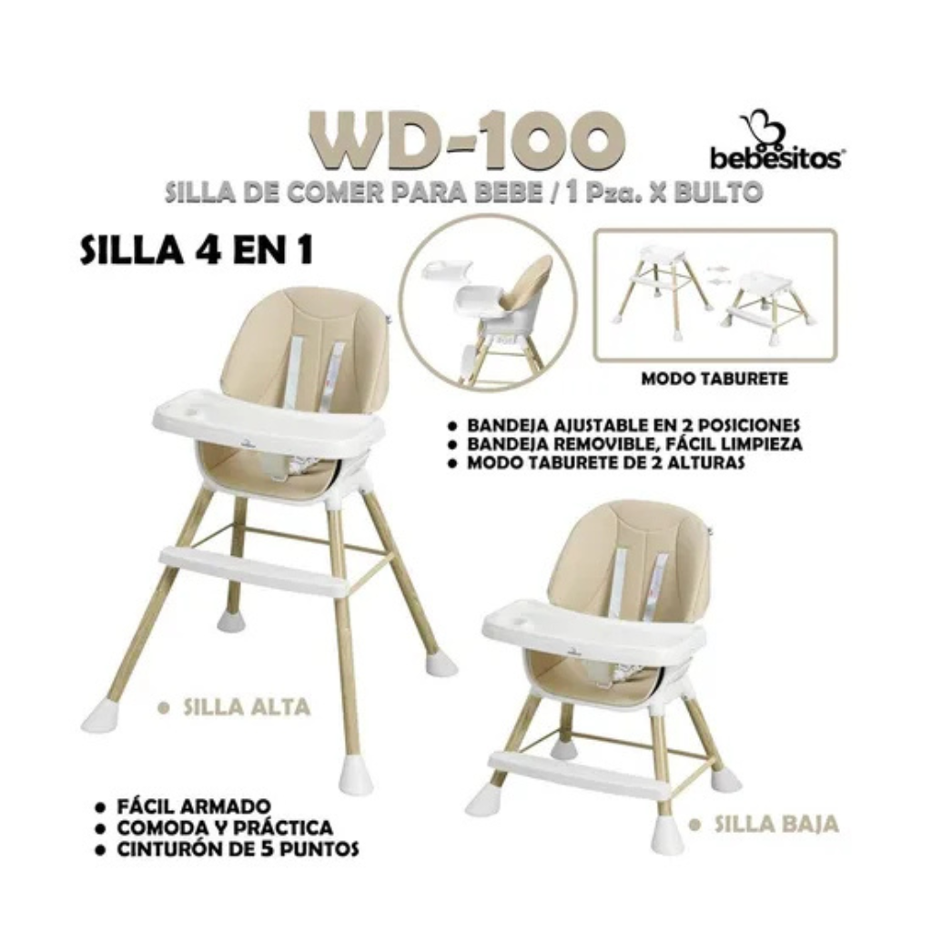 SILLA DE COMER PARA BEBE 4 EN 1 BEBESITOS MODELO WD-100 CREMA