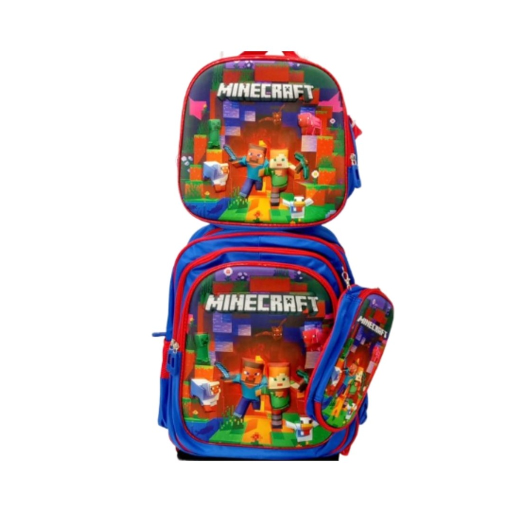 MALETA DE MINECRAF AZUL CON RAYAS ROJAS 