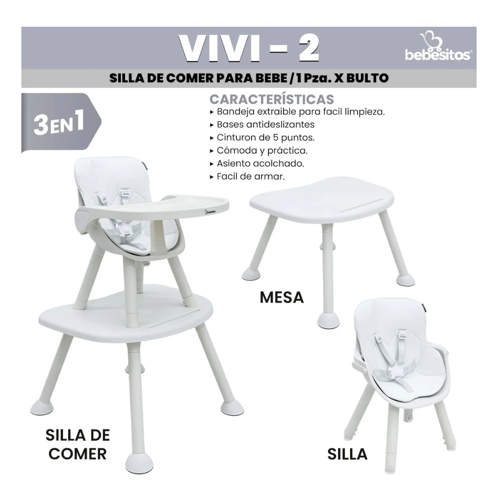 SILLA DE COMER BEBESITOS MODELO VIVI-2 BLANCA
