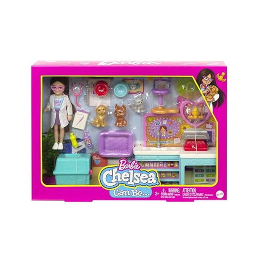 [194735056972] MATTEL BARBIE  CHELSE VETERINARIA MUÑECA CON 23 PCS 