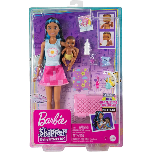 [194735098309] BARBIE: SKIPPER NIÑERA MUÑECA Y SET DE JUEGO DE PELO NEGRO Y AZUL