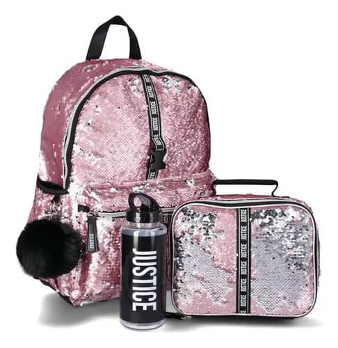 [843340284088] SET 5 PIEZAS BOLSO JUSTICE LENTEJUELAS ROSA